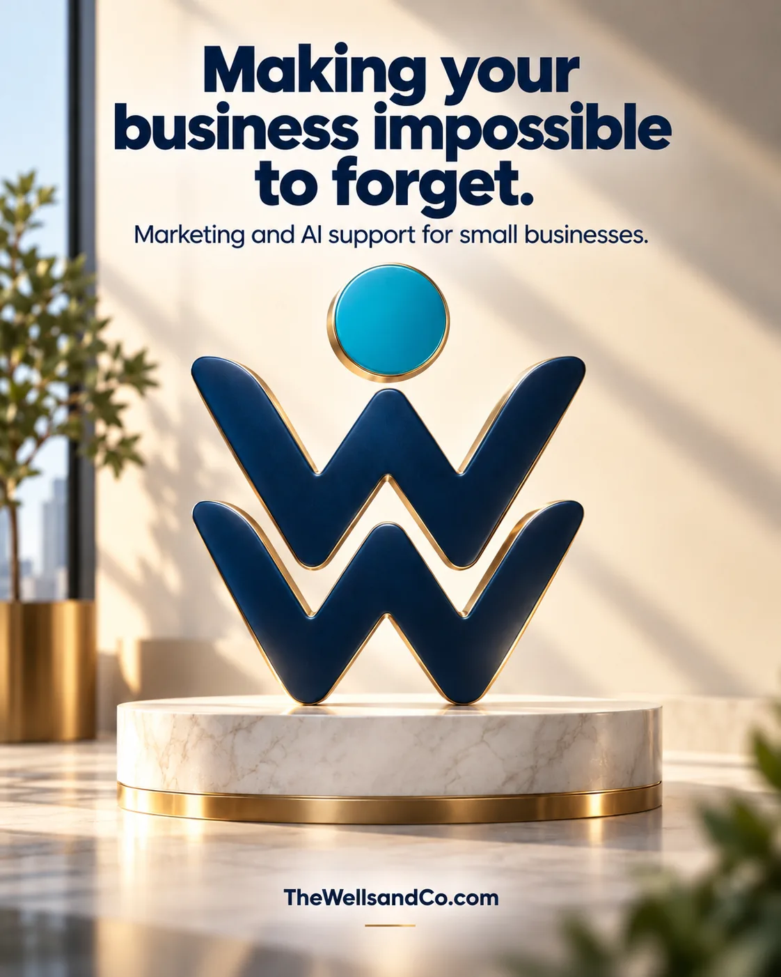 A sculpted Wells and Co Marketing AI Solutions mark on a marble pedestal. Headline: making your business impossible to forget.