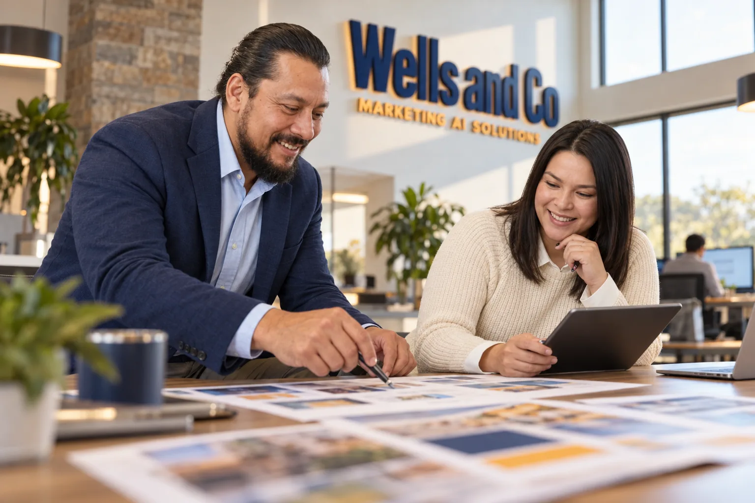 Kory Wells and Jessica Cisneros reviewing work together at Wells and Co Marketing AI Solutions.