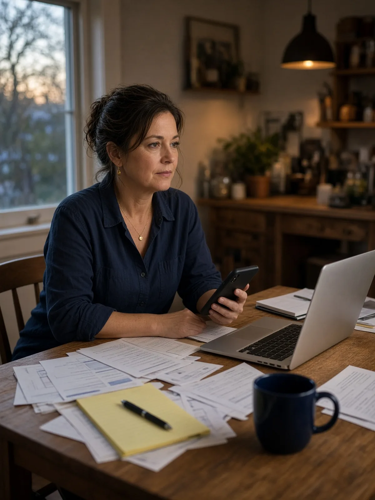 A small-business owner at the kitchen table after closing, sorting the day’s papers.