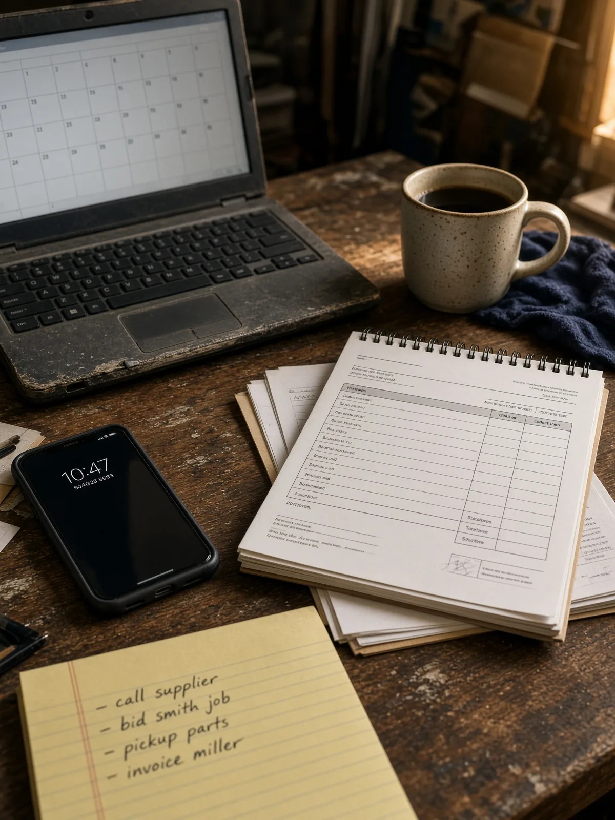 A well-used small-business desk. If the tools already work, we work with them.